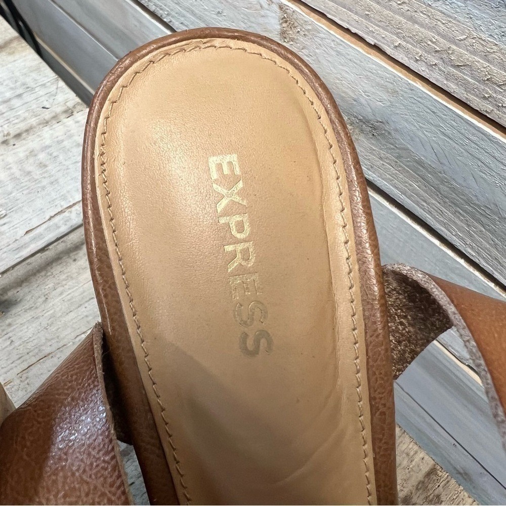 Express Tan Faux Leather Cork Wedge Platform Ankle Strap Sandals Size 8 - Picture 7 of 10